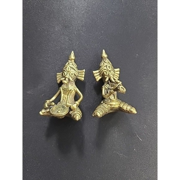 Unbranded Other - Set Of 2 Brass Miniature Musicians Wearing Elephant Mask
